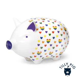 tilly pig rainbow hearts print piggy bank