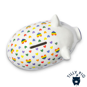 tilly pig rainbow hearts print piggy bank